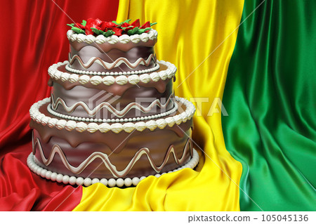 Chocolate cake on the Guinean flag background, 3D rendering 105045136