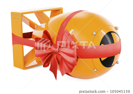 Nuclear bomb with red ribbon and bow, present concept. 3D rendering 105045139
