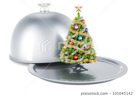 Restaurant cloche with Christmas tree. 3D rendering Restaurant cloche with Christmas tree. 3D rendering 105045142