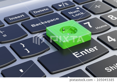 Electrical outlet, socket on laptop keyboard. 3D rendering 105045385