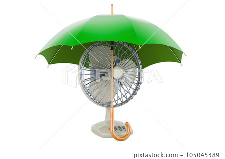 Table fan under umbrella. 3D rendering Table fan under umbrella. 3D rendering 105045389