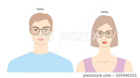 Cat Eye frame glasses on women and men flat character fashion accessory illustration. Sunglass front view unisex Cat Eye frame glasses on women and men flat character fashion accessory illustration. Sunglass front view unisex 105046103