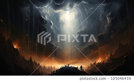 Judgment Day. Angry God stands against the backdrop of blazing fiery sky. Religious apocalypse AI 105046439