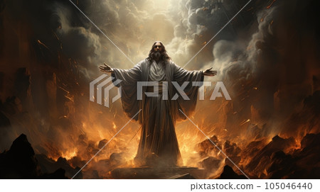 Judgment Day. Angry God stands against the backdrop of blazing fiery sky. Religious apocalypse AI 105046440
