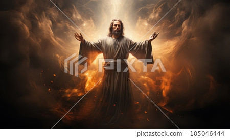 Judgment Day. Angry God stands against the backdrop of blazing fiery sky. Religious apocalypse AI Judgment Day. Angry God stands against the backdrop of blazing fiery sky. Religious apocalypse AI 105046444