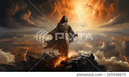 Judgment Day. Angry God stands against the backdrop of blazing fiery sky. Religious apocalypse AI Judgment Day. Angry God stands against the backdrop of blazing fiery sky. Religious apocalypse AI 105046675