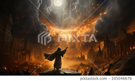 Judgment Day. Angry God stands against the backdrop of blazing fiery sky. Religious apocalypse AI Judgment Day. Angry God stands against the backdrop of blazing fiery sky. Religious apocalypse AI 105046676