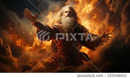 Judgment Day. Angry God stands against the backdrop of blazing fiery sky. Religious apocalypse AI 105046681