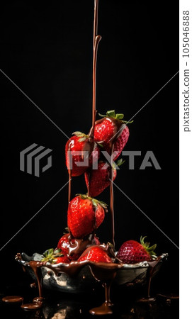 a slide of strawberries poured with hot chocolate on a black background 105046888