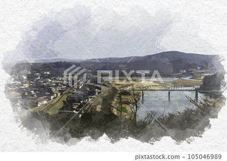 Watercolor style Enokawa Iwaibashi Kotobuki Bridge Ozekiyama Park Miyoshi City, Hiroshima Prefecture 105046989