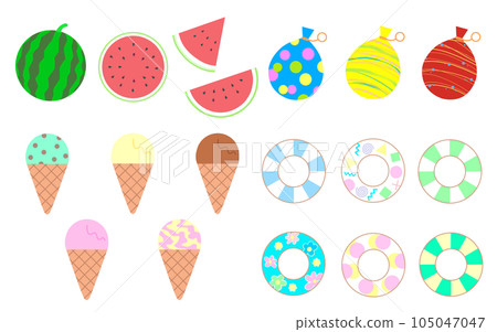 Colorful summer illustration set-watermelon, water balloon, ice cream, floating ring Colorful summer illustration set-watermelon, water balloon, ice cream, floating ring 105047047