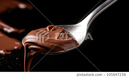 spoon with chocolate paste with nuts on a light black background. Chocolate Day spoon with chocolate paste with nuts on a light black background. Chocolate Day 105047256