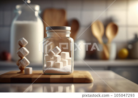 sugar in a glass jar on a wooden table against the background of the kitchen. sugar in a glass jar on a wooden table against the background of the kitchen. 105047293
