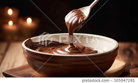 freshly made chocolate cream paste with nuts on a wooden table. Country style freshly made chocolate cream paste with nuts on a wooden table. Country style 105047295
