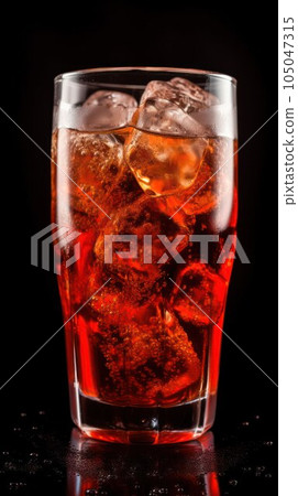 a cooling drink with ice in a glass beaker on a dark background. a cooling drink with ice in a glass beaker on a dark background. 105047315