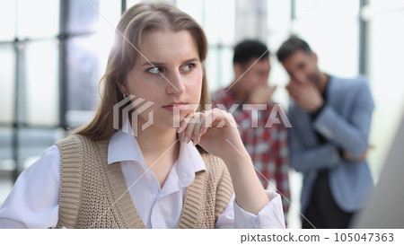 Serious pensive young business lady economist is thinking which decision to make at her modern light work place in office Serious pensive young business lady economist is thinking which decision to make at her modern light work place in office 105047363