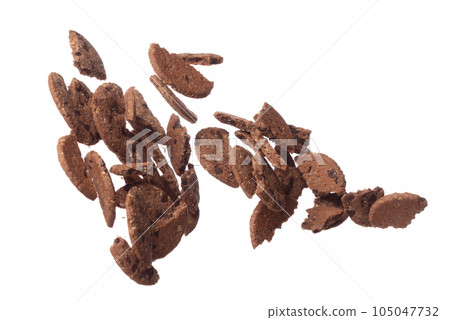 Cookie Chocolate ship fall fly in mid air, Cocoa Cookie Chocolate ship floating. Cookie Chocolate ship round crack crunch throw in air. White background isolated freeze motion high speed shutter Cookie Chocolate ship fall fly in mid air, Cocoa Cookie Chocolate ship floating. Cookie Chocolate ship round crack crunch throw in air. White background isolated freeze motion high speed shutter 105047732