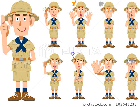 穿著探險服的男士的 9 種不同手勢和麵部表情 105049233