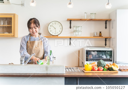 A woman / housewife in an apron who does the washing (smile) 105050127