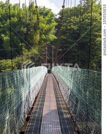 Suspension bridge over mountain lake Suspension bridge over mountain lake 105050858
