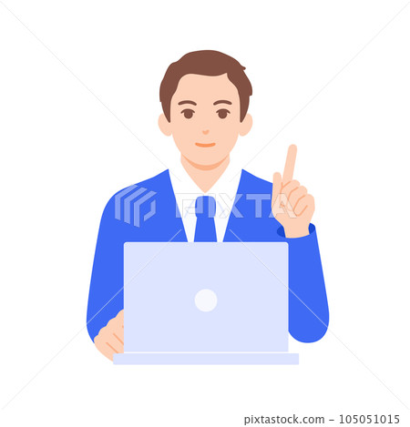 A businessman pointing a finger in front of a personal computer. Vector illustration material of a man in a suit. 105051015