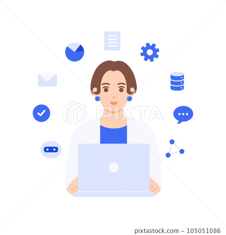 An illustration material of a woman who has improved her productivity thanks to the automation and streamlining of her work. An illustration material of a woman who has improved her productivity thanks to the automation and streamlining of her work. 105051086