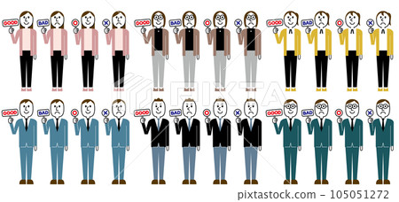 好/壞、Maru/Batsu...帶有對比卡片的女性和男性 好/壞、Maru/Batsu...帶有對比卡片的女性和男性 105051272