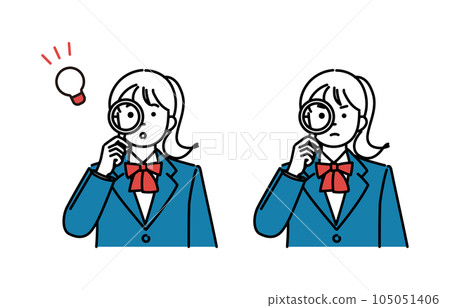 A simple illustration of a female student looking through a magnifying glass 2 pose set 105051406