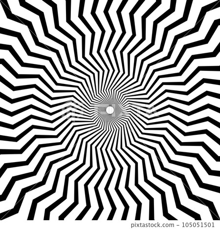Optical illusion background. Black and white abstract distorted zigzag lines surface. Radial wave poster design. Hypnotic spiral illusion wallpaper. Vector illustration 105051501