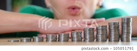 Hopeful business woman thinks how to increase earnings and profits. Hopeful business woman thinks how to increase earnings and profits. 105051791