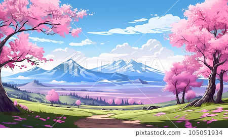 手绘卡通唯美的春天樱花盛开的风景插画 105051934