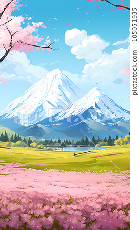 手绘卡通唯美的春天樱花盛开的风景插画 105051935