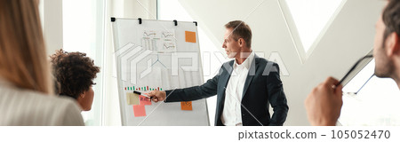 Analyzing results. Mature businessman standing near whiteboard and explaining something to his colleagues Analyzing results. Mature businessman standing near whiteboard and explaining something to his colleagues 105052470