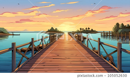 手绘卡通唯美的夕阳下的海面风景插画 105052630