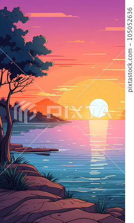 手绘卡通唯美的夕阳下的海面风景插画 手绘卡通唯美的夕阳下的海面风景插画 105052636