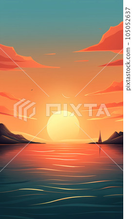 手绘卡通唯美的夕阳下的海面风景插画 105052637