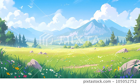 手绘卡通唯美户外草地远处的森林和山脉风景插画 手绘卡通唯美户外草地远处的森林和山脉风景插画 105052752