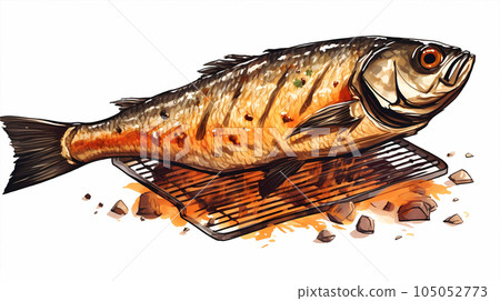 手绘卡通美味的烤鱼插画 105052773