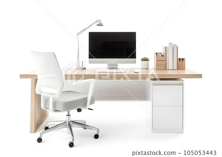 Office workplace desk in front of empty chair isolated on white background, neural network generated image Office workplace desk in front of empty chair isolated on white background, neural network generated image 105053443