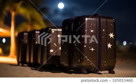 few modern suitcases on tropical resort beach at night, neural network generated art 105053460