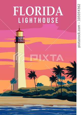 Retro Poster Key West Lighthouse Florida. Palm, coast, ocean vector Retro Poster Key West Lighthouse Florida. Palm, coast, ocean vector 105054362