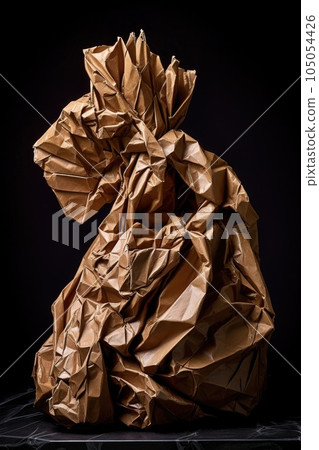 detailed view of a crumpled brown paper bag, created with generative ai 105054426
