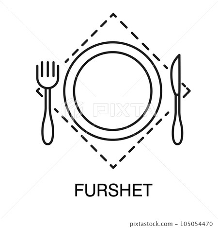 Plate with fork and knife on kerchief, furshet sign isolated outline icon 105054470