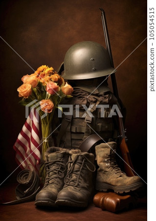 soldiers helmet, rifle, and boots forming a memorial, created with generative ai soldiers helmet, rifle, and boots forming a memorial, created with generative ai 105054515