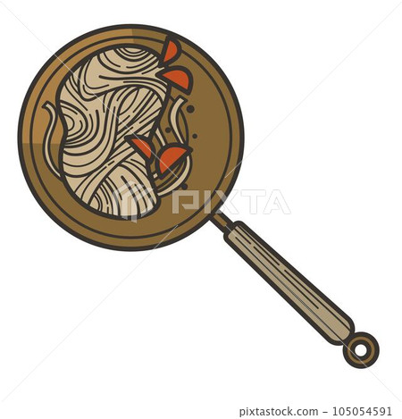 Wok or ramen noodles in frying pan with pepper and tomatoes Wok or ramen noodles in frying pan with pepper and tomatoes 105054591