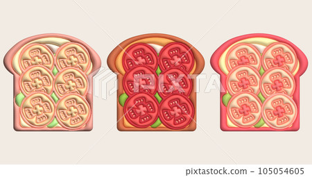 Morning sandwich 3D illustration Healthy food with toast, fresh vegetables and sauces, tomatoes 105054605