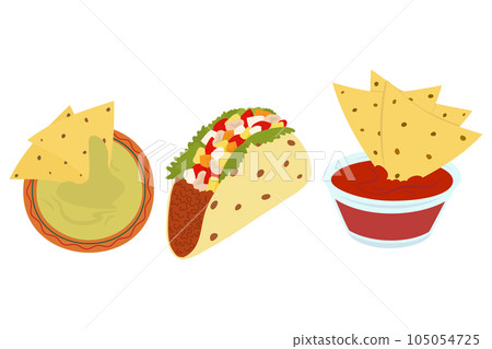 Set of 3 most popular Mexican dishes. Tacos, nachos and salsa sauce. Latin American food cuisine. 105054725