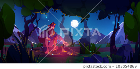 Man in forest at night near fire vector landscape Man in forest at night near fire vector landscape 105054869