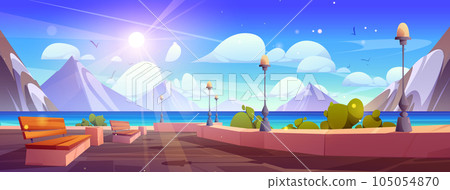 Cartoon ocean embankment promenade landscape scene Cartoon ocean embankment promenade landscape scene 105054870