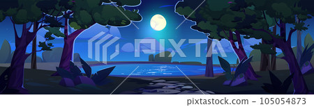 Lake in forest and night sky cartoon background Lake in forest and night sky cartoon background 105054873